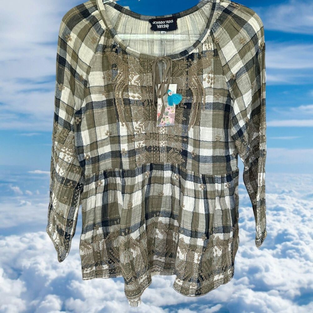 Johnny Was Workshop Himmel Peasant Top Beige Embroidered Plaid XS $220